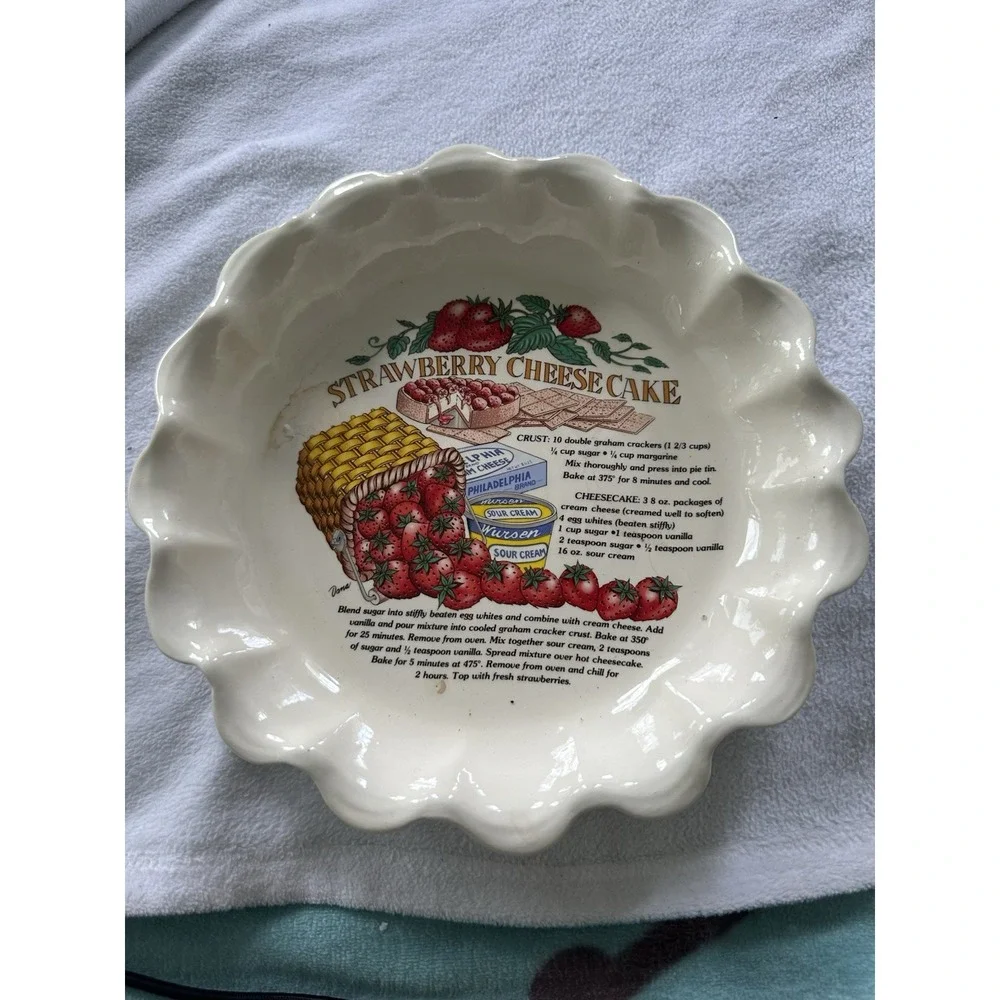 Vtg Strawberry Cheesecake Pie Plate Recipe Ceramic Philadelphia Cottagecore